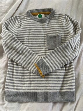 Boden Gray & White Striped Crewneck Sweater with Chest Pocket